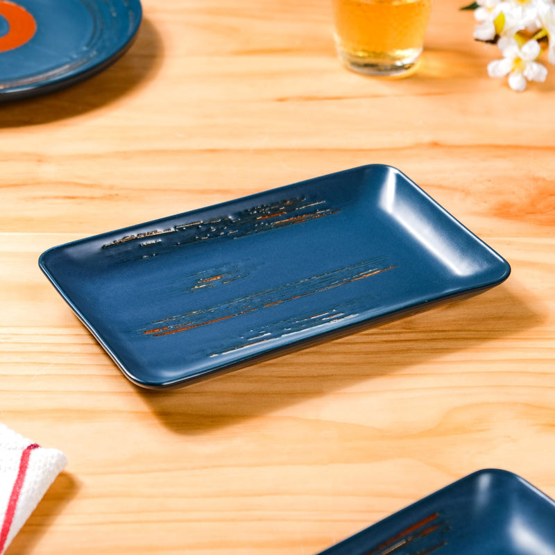 Rustic Stoneware Large Platter Navy Blue Set Of 2 10 Inch - Serving platter for snacks, rectangular platter, appetizer platter, blue platter