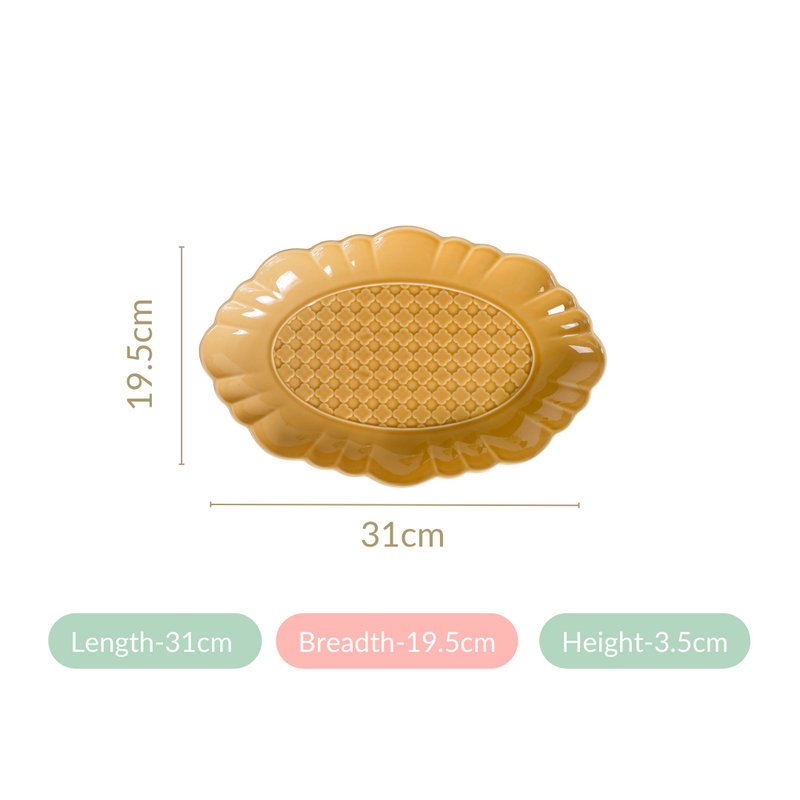 Exotic Moroccan Motif Platter Yellow Ochre Set Of 2 12 Inch - Ceramic platter, long platter, yellow platter, ceramic serving platter
