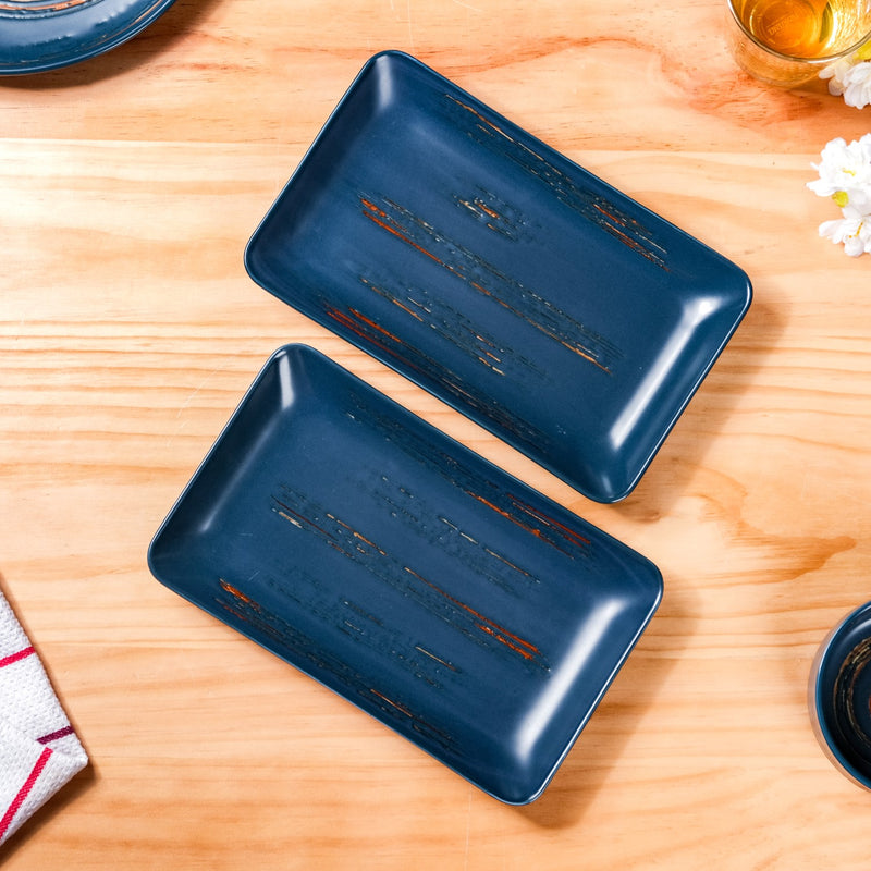 Rustic Stoneware Large Platter Navy Blue Set Of 2 10 Inch - Serving platter for snacks, rectangular platter, appetizer platter, blue platter