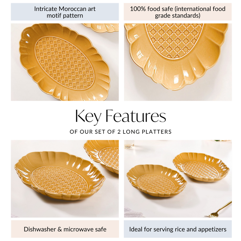 Exotic Moroccan Motif Platter Yellow Ochre Set Of 2 12 Inch - Ceramic platter, long platter, yellow platter, ceramic serving platter