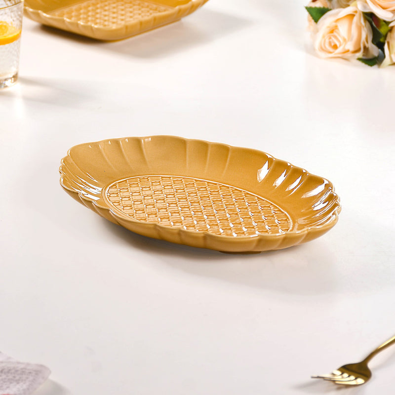Exotic Moroccan Motif Platter Yellow Ochre Set Of 2 12 Inch - Ceramic platter, long platter, yellow platter, ceramic serving platter