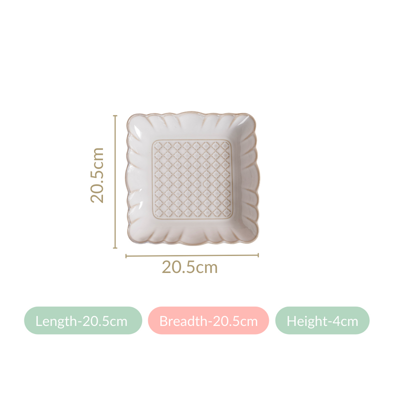Scalloped Rimmed Square Platter Set Of 2 Ivory 8 Inch - Rimmed platter, square platter, ceramic platter set, ceramic platter, ceramic serving platter
