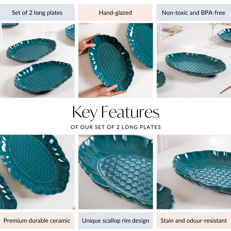 Luxe Moroccan Long Platter Set Of 2 12 Inch - Ceramic platter, long platter, blue platter, ceramic serving platter