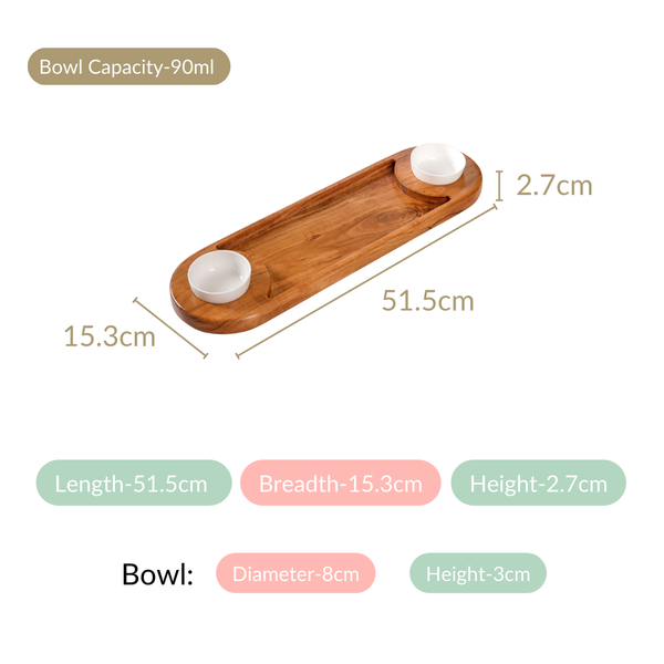 Wooden Snack Platter With Dip Bowls