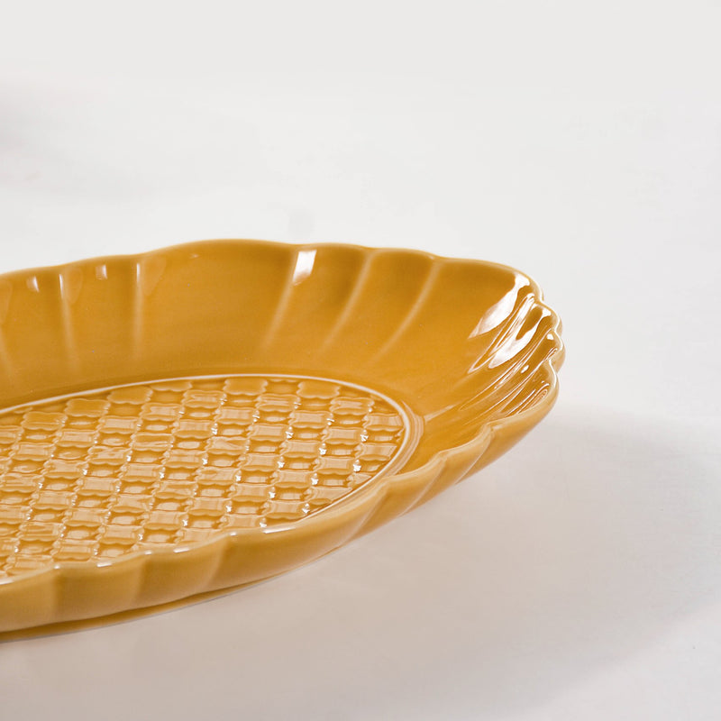 Exotic Moroccan Motif Platter Yellow Ochre Set Of 2 12 Inch - Ceramic platter, long platter, yellow platter, ceramic serving platter