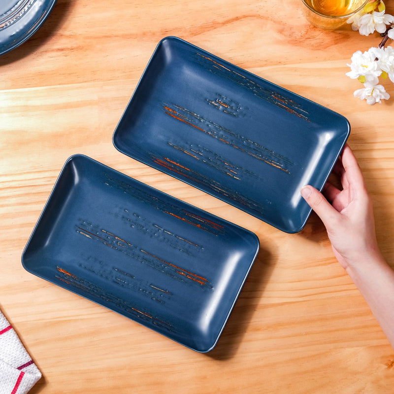 Rustic Stoneware Large Platter Navy Blue Set Of 2 10 Inch - Serving platter for snacks, rectangular platter, appetizer platter, blue platter