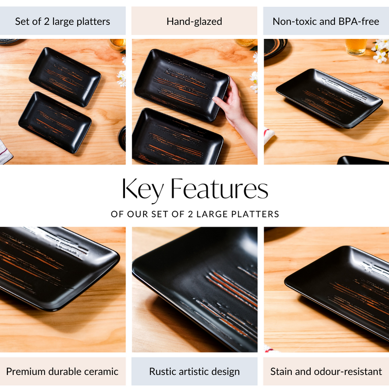 Exotic Brushstroke Platter Large Black Set Of 2 10 Inch - Ceramic platter, long platter, ceramic serving platter