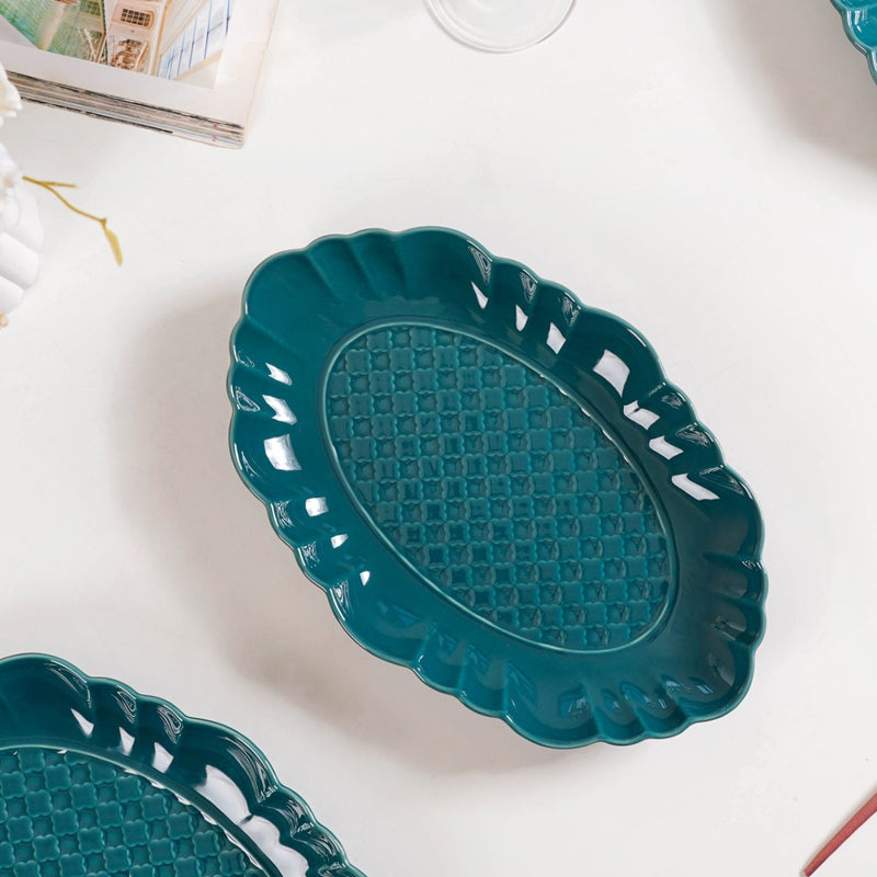 Luxe Moroccan Long Platter Set Of 2 12 Inch - Ceramic platter, long platter, blue platter, ceramic serving platter