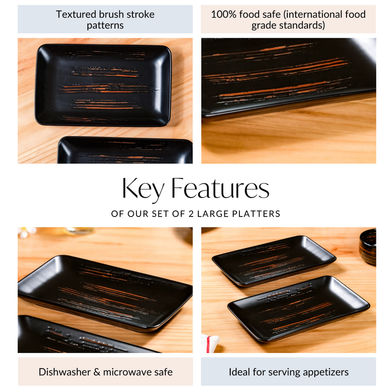 Exotic Brushstroke Platter Large Black Set Of 2 10 Inch - Ceramic platter, long platter, ceramic serving platter