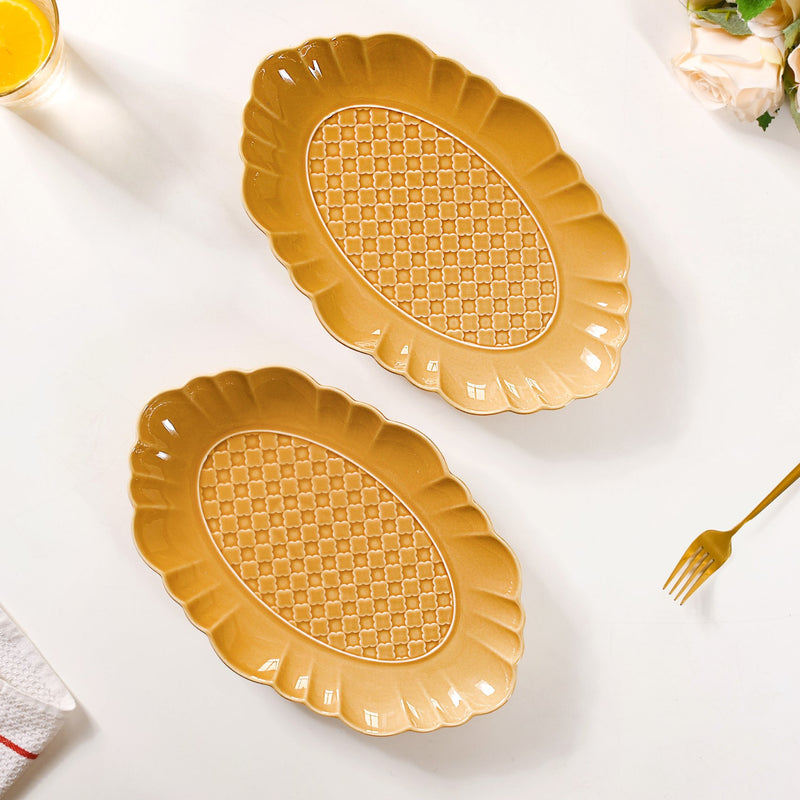 Exotic Moroccan Motif Platter Yellow Ochre Set Of 2 12 Inch - Ceramic platter, long platter, yellow platter, ceramic serving platter