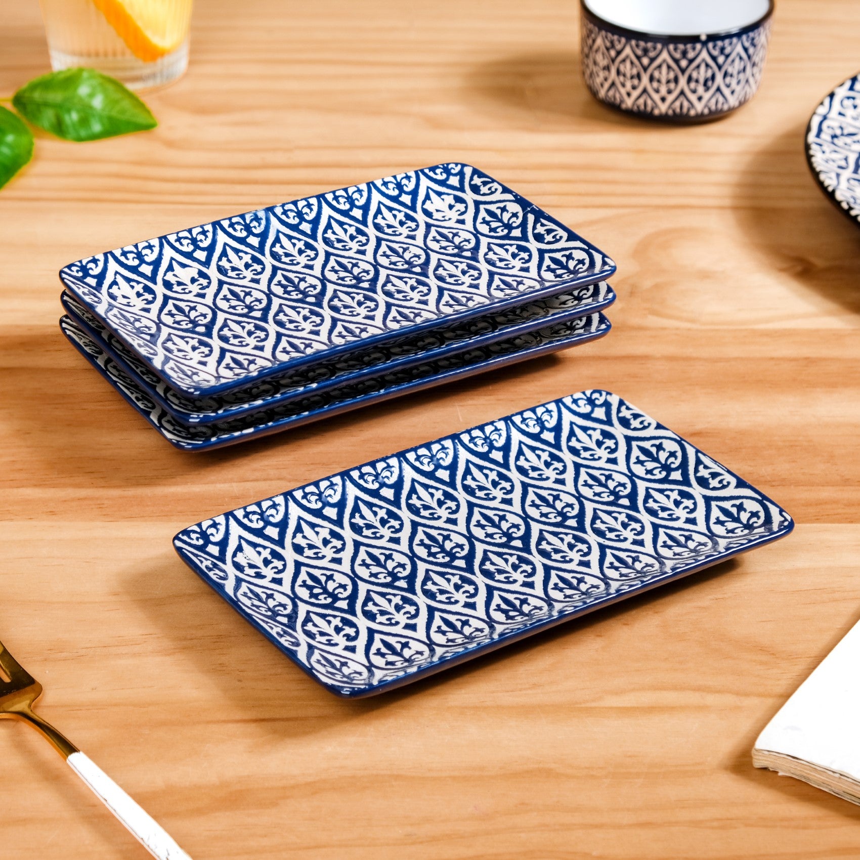 Small Baroque Ceramic Platter Set Of 4 Navy 7 Inch