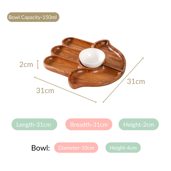 Hamsa Hand Wooden Platter With Dip Bowl