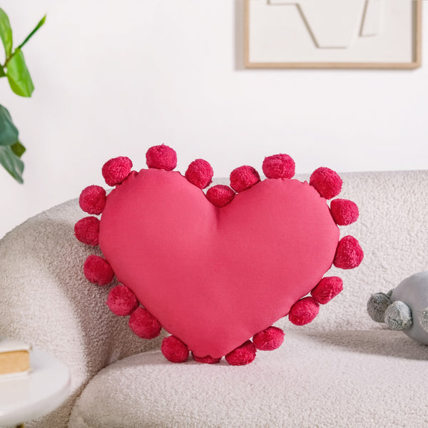 Pom Pom Heart Sofa Cushion Dark Pink