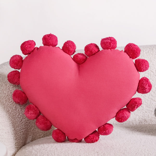 Pom Pom Heart Sofa Cushion Dark Pink 60x35cm