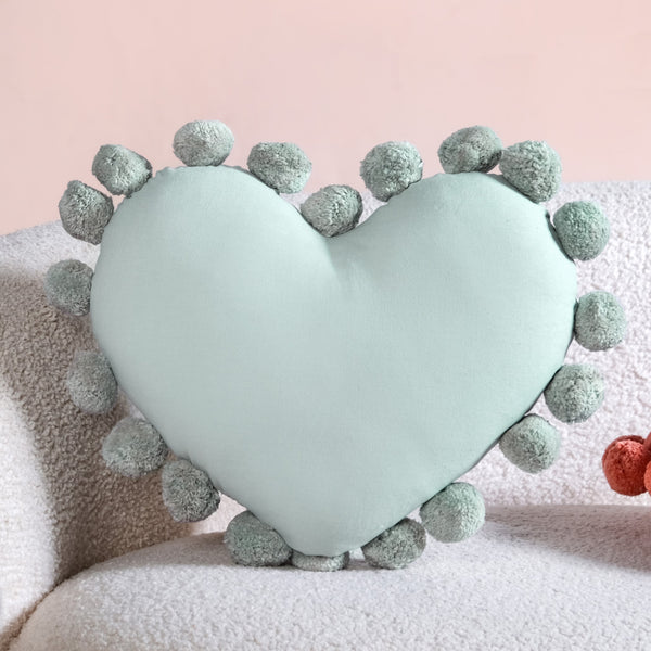 Pom Pom Heart Sofa Cushion Mint Green 60x35cm