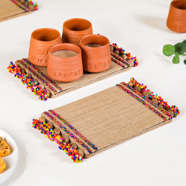 Rectangle Jute Pooja Mat Set of 2 Multicoloured