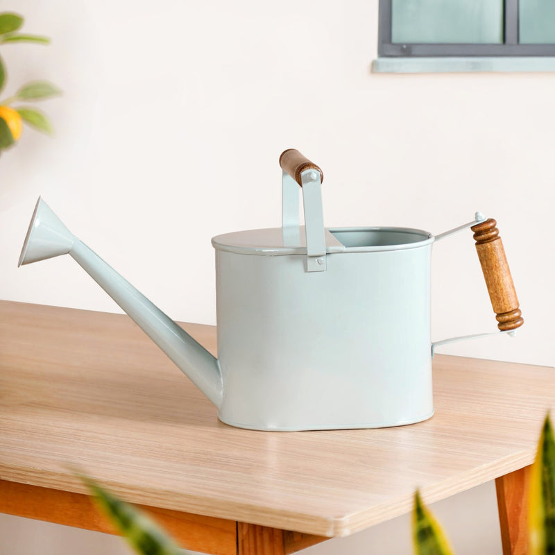 Pourtia Metal Plant Watering Can Dual Wooden Handle Blue