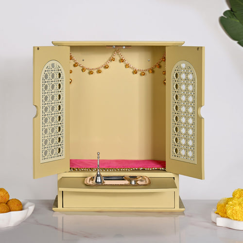 Prarthana Puja Mandir Medium With Ghungroo Chain Aasan Puja Thali Diya And Ghanti Set