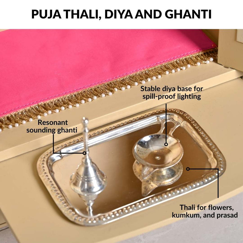 Prarthana Puja Mandir Medium With Ghungroo Chain Aasan Puja Thali Diya And Ghanti Set