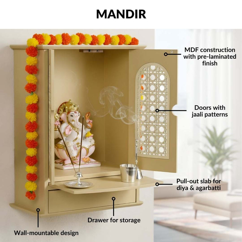 Prarthana Puja Mandir Medium With Ghungroo Chain Aasan Puja Thali Diya And Ghanti Set