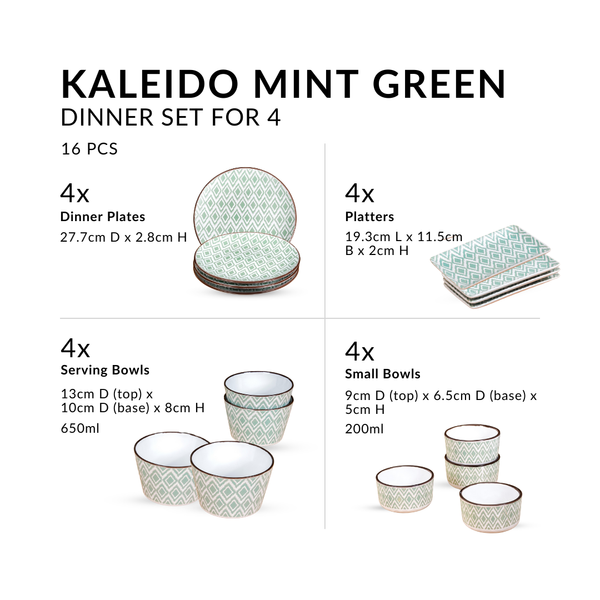 Kaleido Mint Green 16 Piece Dinner Set For 4