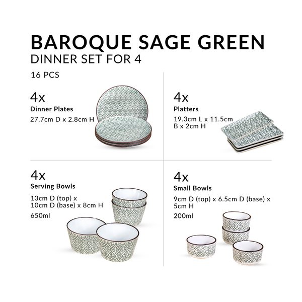 Baroque Sage Green 16 Piece Dinner Set For 4