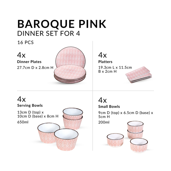 Baroque Pink 16 Piece Ceramic Dinner Set For 4