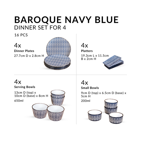 Baroque Navy Blue 16 Piece Dinner Set For 4