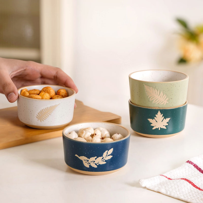 Premium Ceramic Leaf Design Snack Bowl Set Of 4 180ml