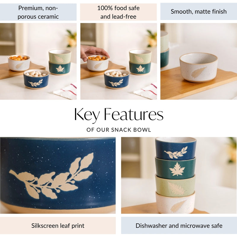 Premium Ceramic Leaf Design Snack Bowl Set Of 4 180ml
