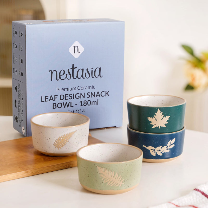 Premium Ceramic Leaf Design Snack Bowl Set Of 4 180ml