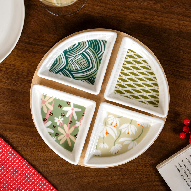 Printed Sectioned Platter With Wooden Tray Set Of 5