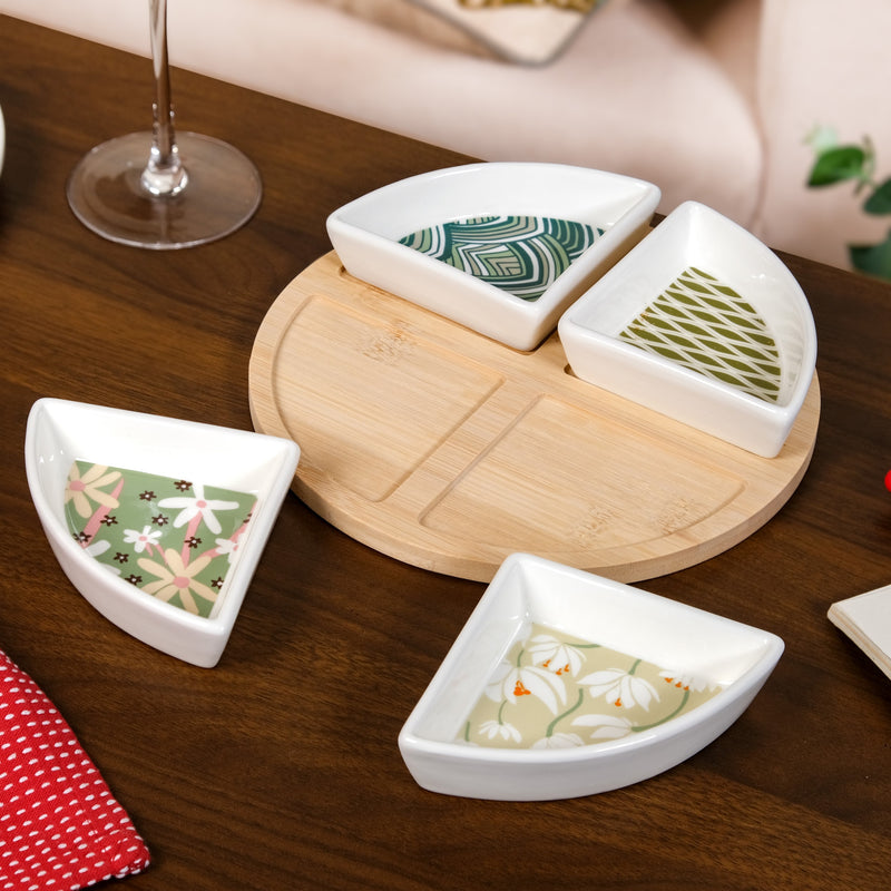 Printed Sectioned Platter With Wooden Tray Set Of 5