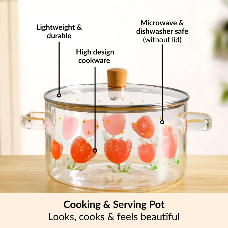 Printed Borosilicate Glass Cooking Pot With Lid 3200ml