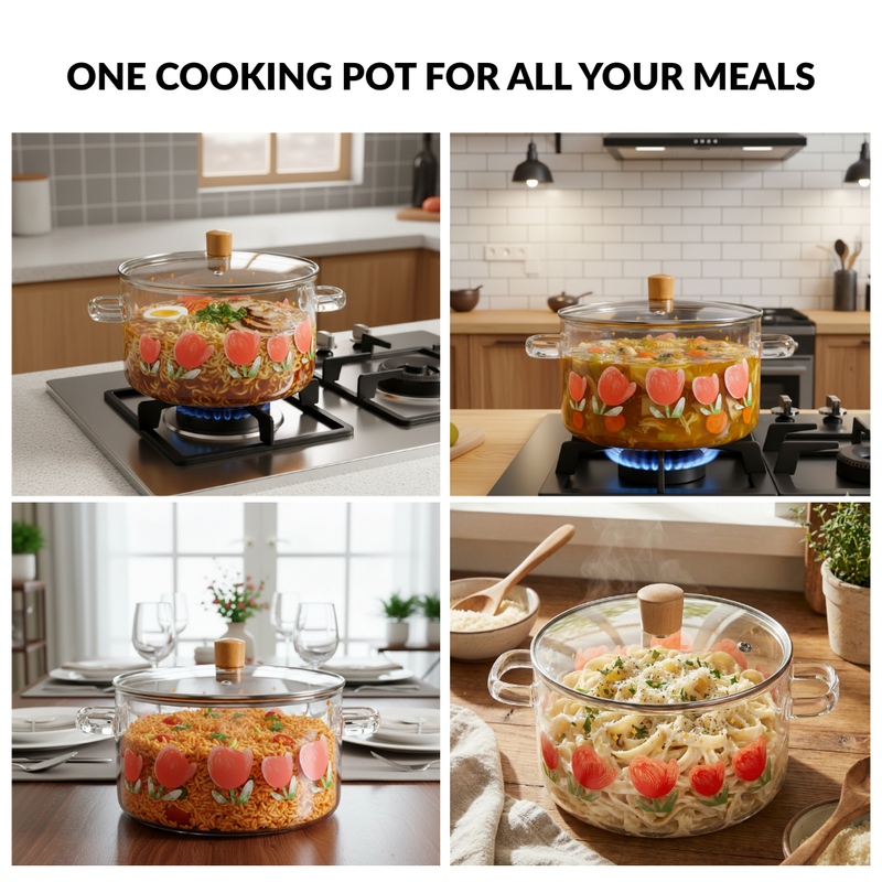 Printed Borosilicate Glass Cooking Pot With Lid 3200ml