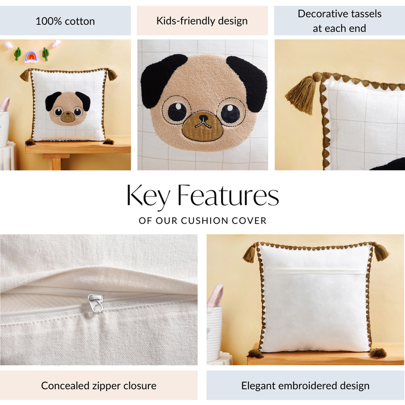 Pug Embroidered Cotton Kids Cushion Cover 42x42cm