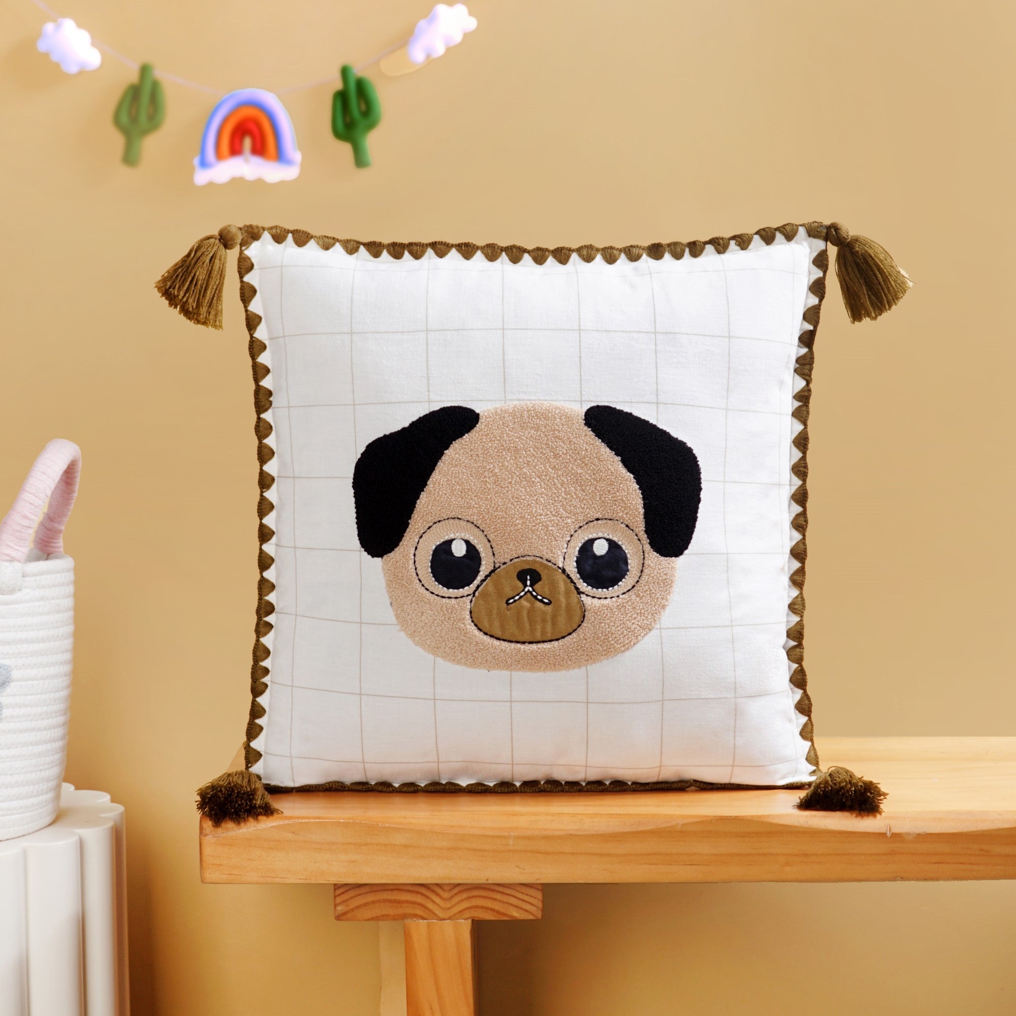 Pug Embroidered Cotton Kids Cushion Cover 42x42cm