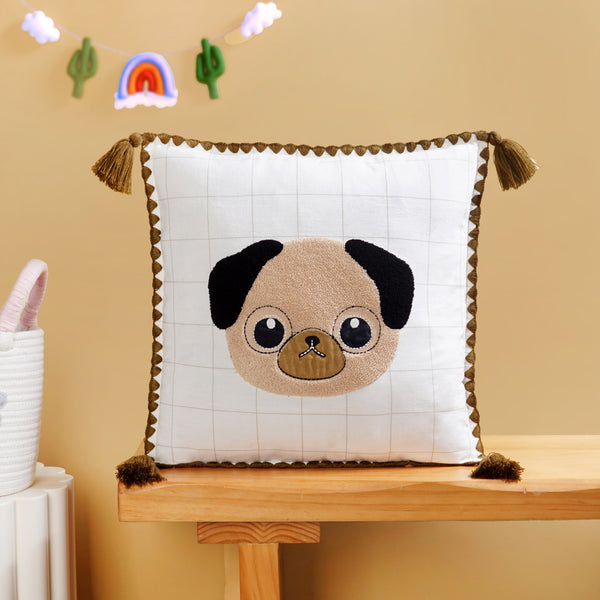 Pug Embroidered Cotton Kids Cushion Cover 42x42cm