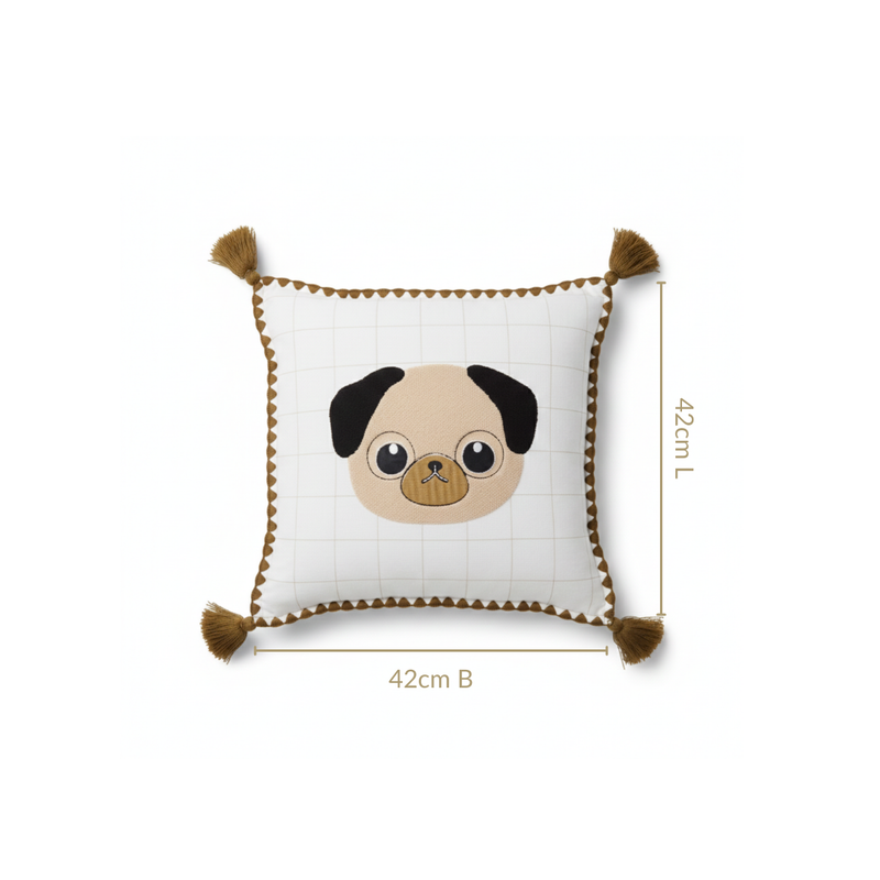 Pug Embroidered Cotton Kids Cushion Cover 42x42cm