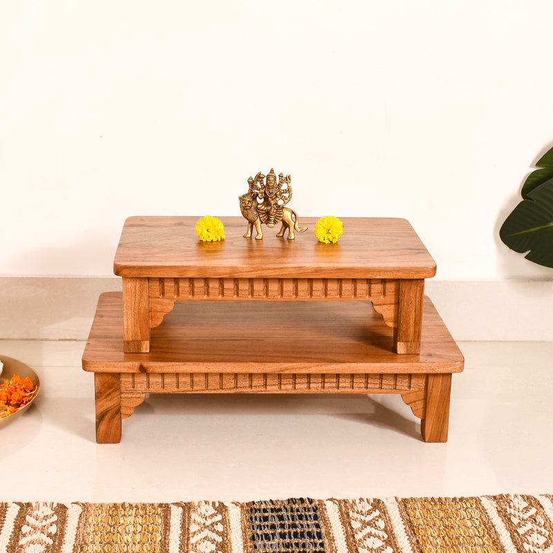 Pure Acacia Wood Pooja Chowki Set Of 2