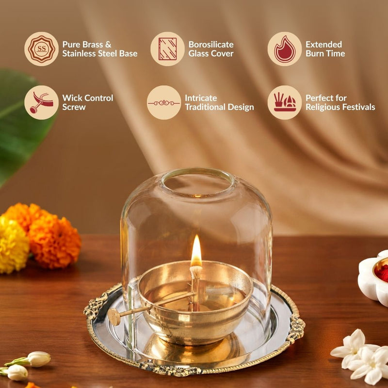 Pure Brass Akhand Jyoti Diya With Borosilicate Glass Cover