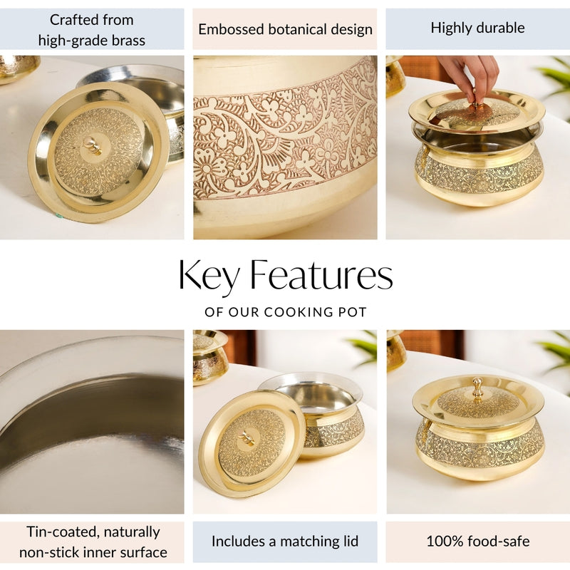 Pure Brass Embossed Cooking Pot With Lid 2300ml