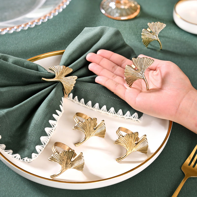 Pure Brass Gingko Leaf With Gold Polish Napkin Ring Set Of 6