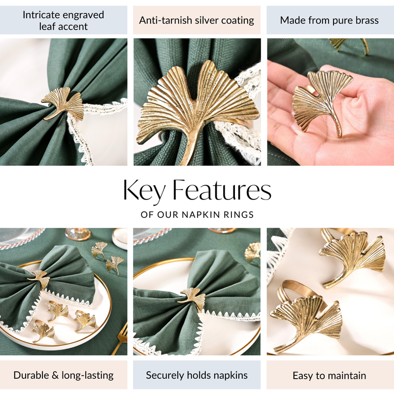 Pure Brass Gingko Leaf With Gold Polish Napkin Ring Set Of 6