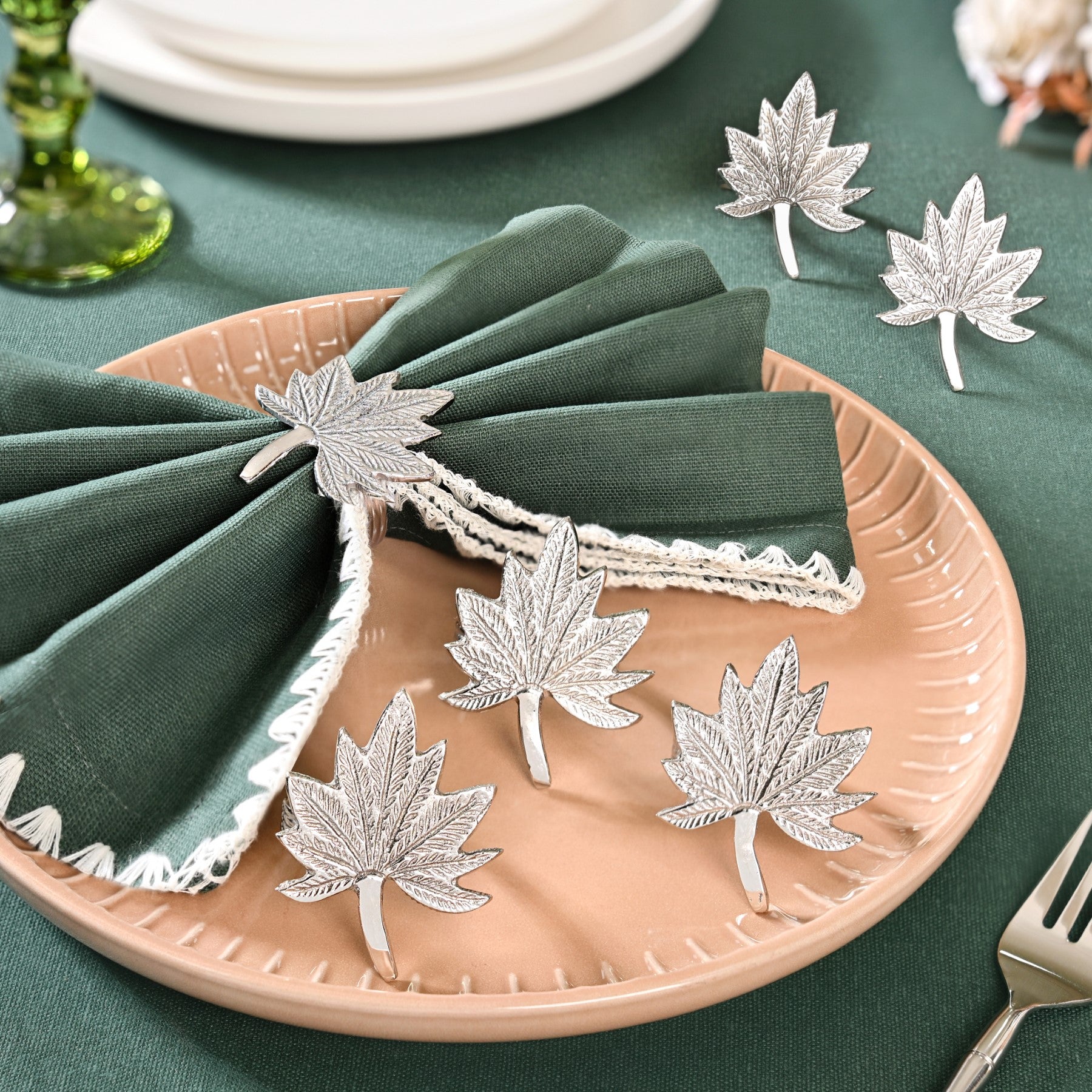 Pure Brass Leaf Inspired Napkin Ring Set Of 6 Silver