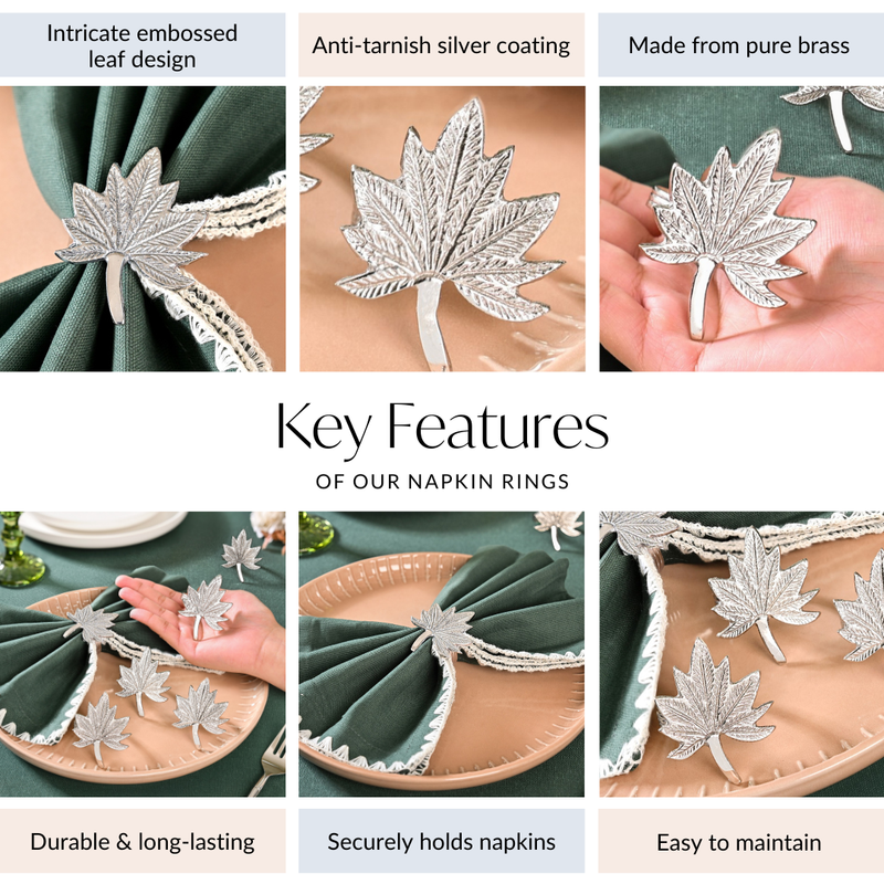Pure Brass Leaf Inspired Napkin Ring With Silver Polish Set Of 6