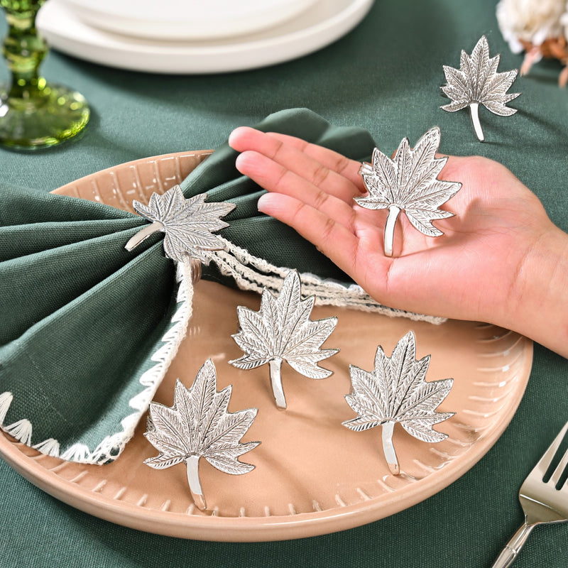 Pure Brass Leaf Inspired Napkin Ring With Silver Polish Set Of 6