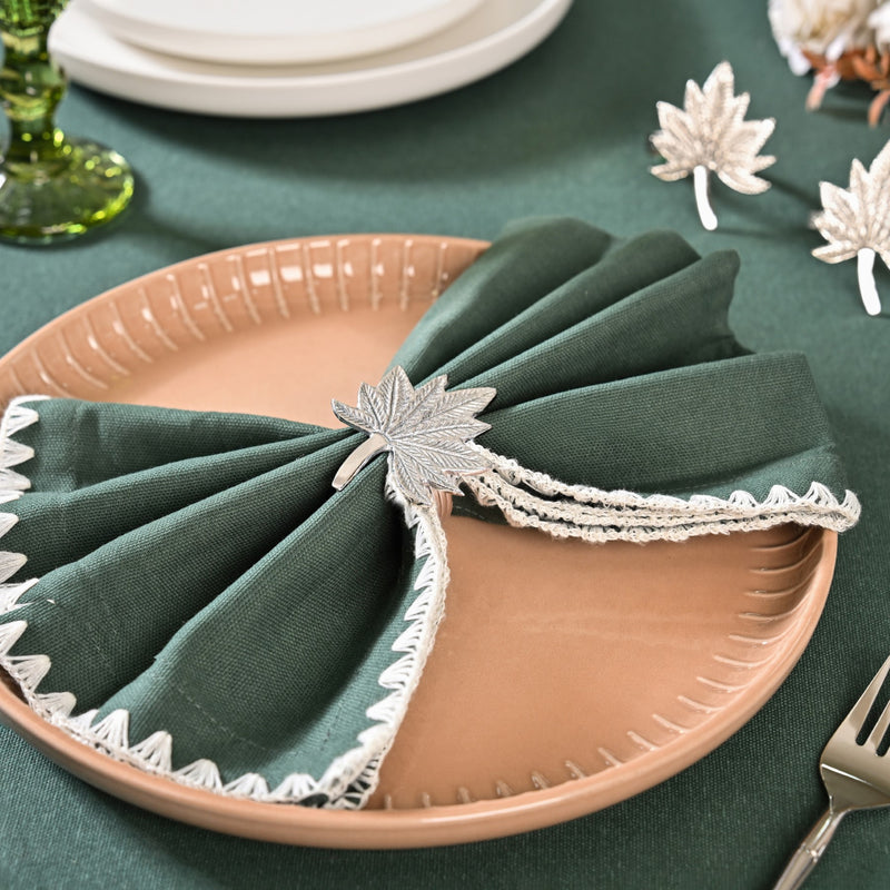 Pure Brass Leaf Inspired Napkin Ring With Silver Polish Set Of 6