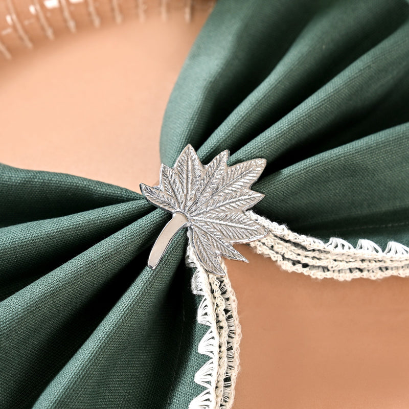 Pure Brass Leaf Inspired Napkin Ring With Silver Polish Set Of 6