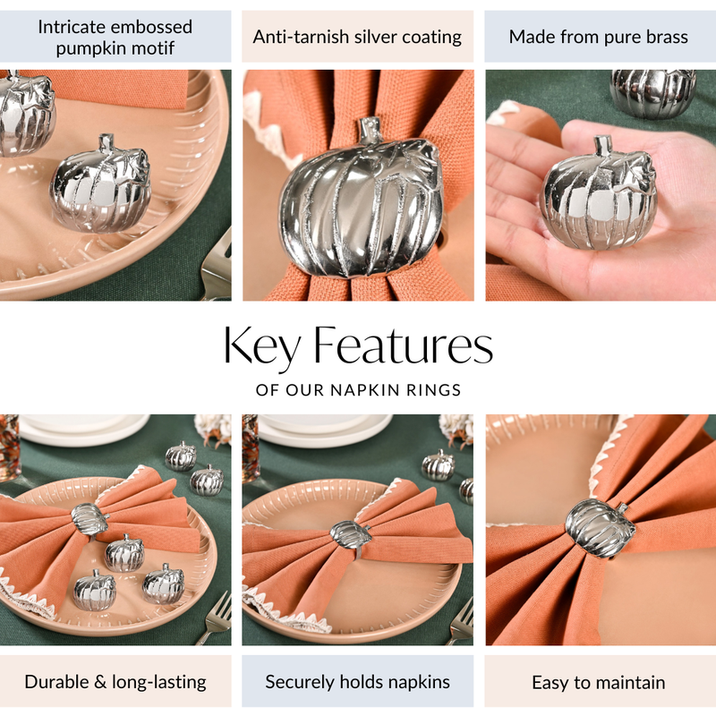 Pure Brass Pumpkin Napkin Ring With Silver Polish Set Of 6